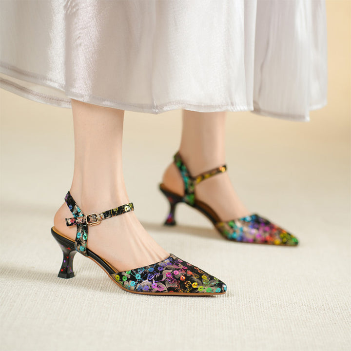 Colorful Leather Sequin Floral Slingback Kitten Heel Sandals in Black-Colorful/Green-Colorful