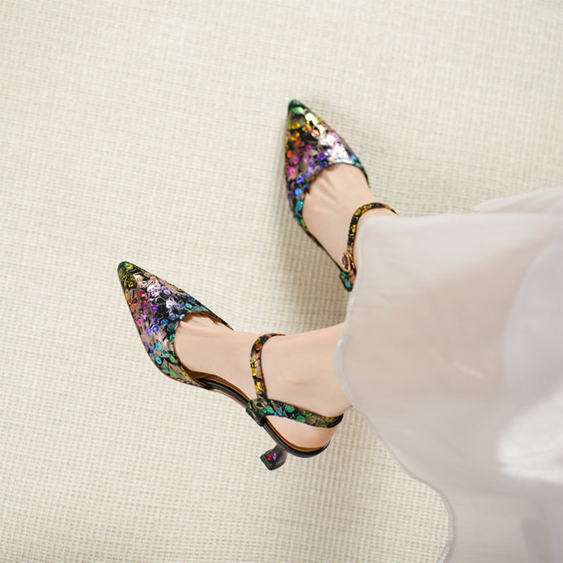 Colorful Leather Sequin Floral Slingback Kitten Heel Sandals in Black-Colorful/Green-Colorful