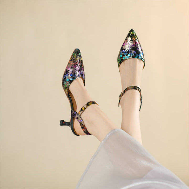Colorful Leather Sequin Floral Slingback Kitten Heel Sandals in Black-Colorful/Green-Colorful
