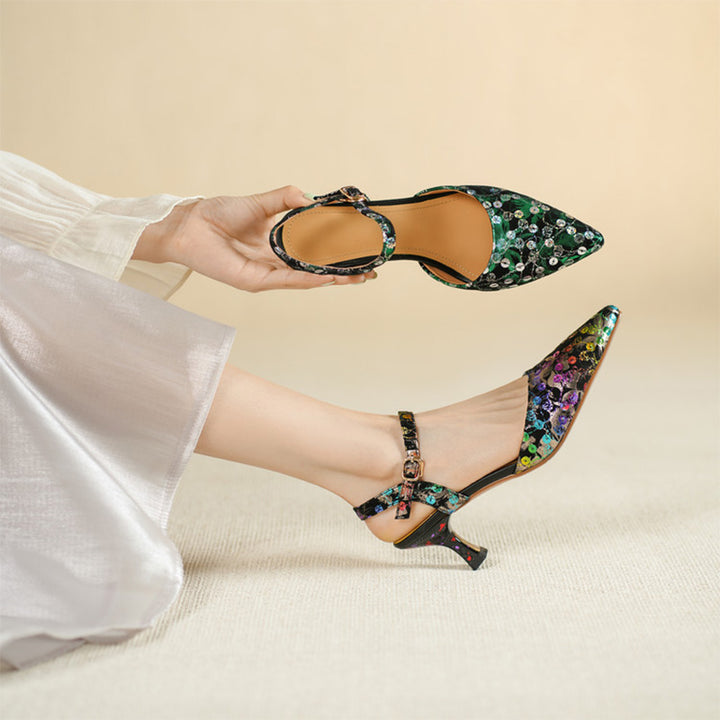Colorful Leather Sequin Floral Slingback Kitten Heel Sandals in Black-Colorful/Green-Colorful