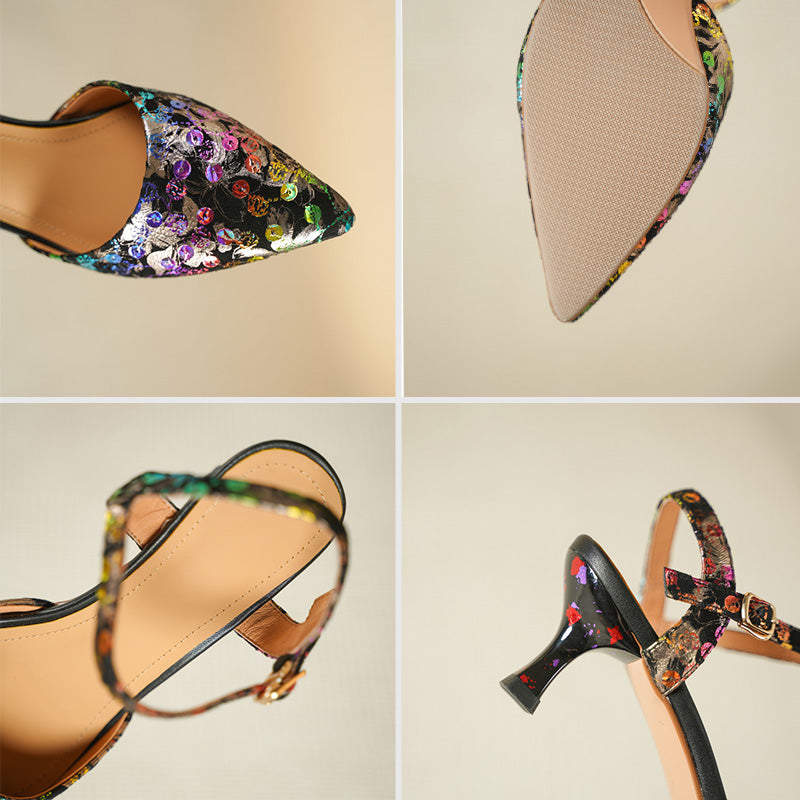 Colorful Leather Sequin Floral Slingback Kitten Heel Sandals in Black-Colorful/Green-Colorful