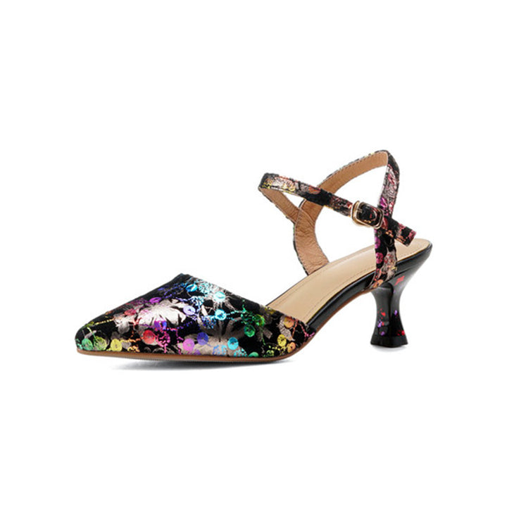 Colorful Leather Sequin Floral Slingback Kitten Heel Sandals in Black-Colorful/Green-Colorful