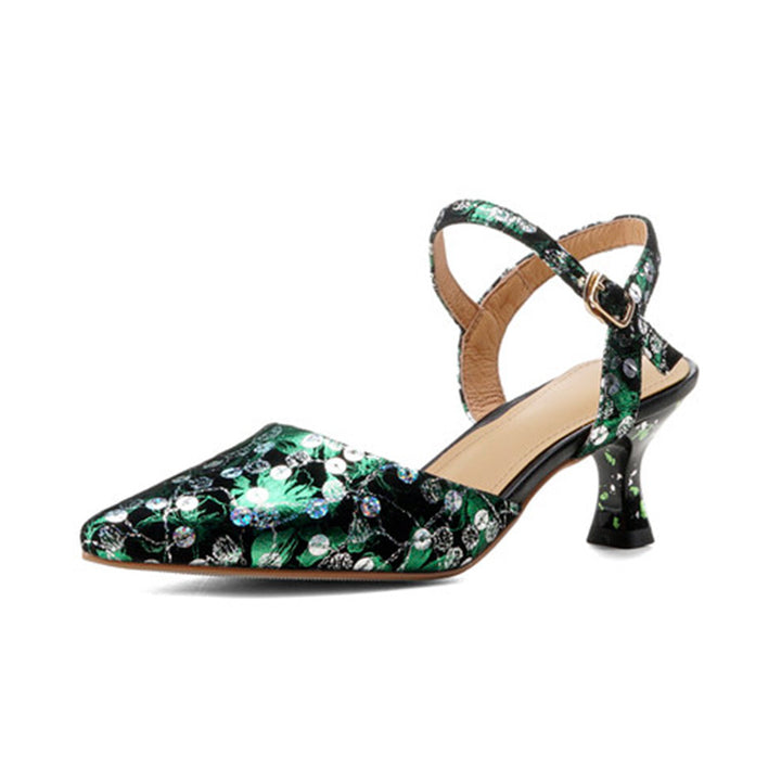 Colorful Leather Sequin Floral Slingback Kitten Heel Sandals in Black-Colorful/Green-Colorful