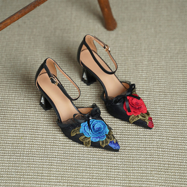 Handmade Floral Embroidered Pointed Toe Ankle Strap Pumps in Black Red/Black Blue