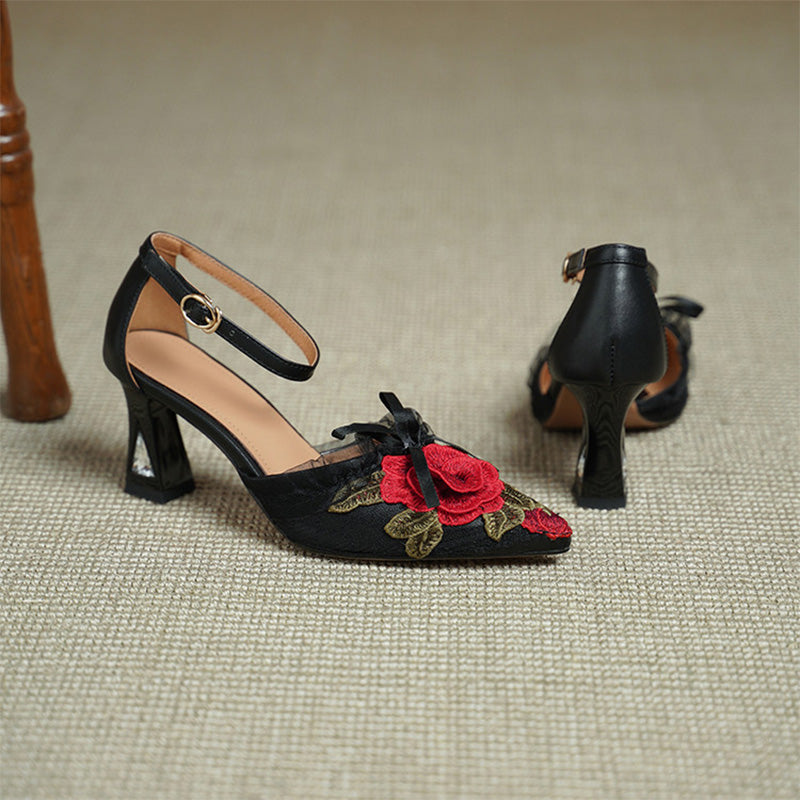 Handmade Floral Embroidered Pointed Toe Ankle Strap Pumps in Black Red/Black Blue