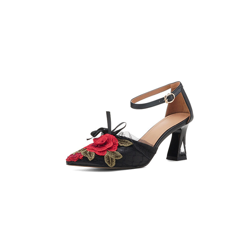 Handmade Floral Embroidered Pointed Toe Ankle Strap Pumps in Black Red/Black Blue