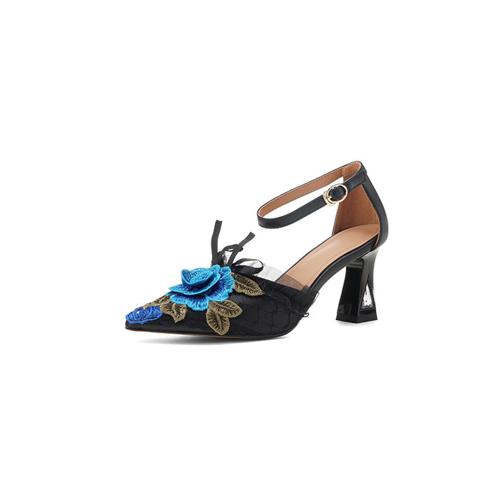 Handmade Floral Embroidered Pointed Toe Ankle Strap Pumps in Black Red/Black Blue