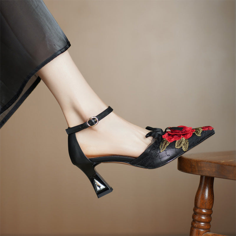 Handmade Floral Embroidered Pointed Toe Ankle Strap Pumps in Black Red/Black Blue