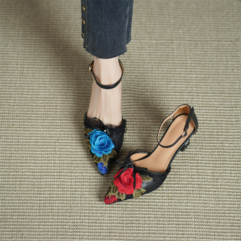 Handmade Floral Embroidered Pointed Toe Ankle Strap Pumps in Black Red/Black Blue