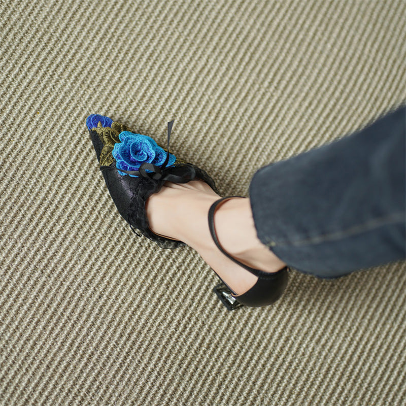 Handmade Floral Embroidered Pointed Toe Ankle Strap Pumps in Black Red/Black Blue