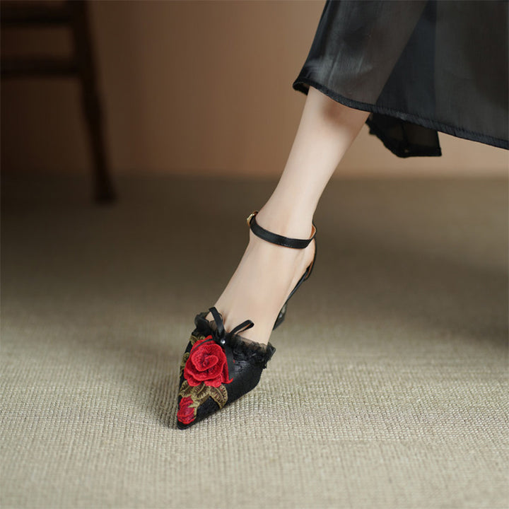 Handmade Floral Embroidered Pointed Toe Ankle Strap Pumps in Black Red/Black Blue