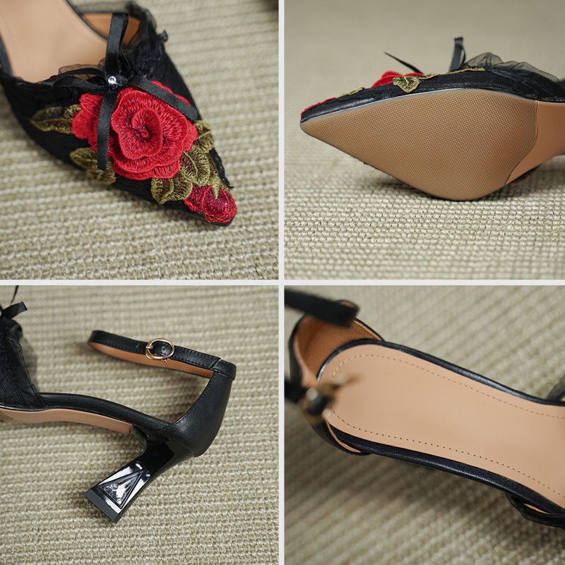 Handmade Floral Embroidered Pointed Toe Ankle Strap Pumps in Black Red/Black Blue