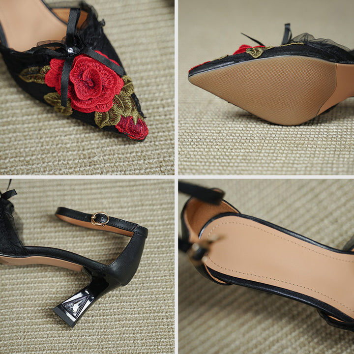 Handmade Floral Embroidered Pointed Toe Ankle Strap Pumps in Black Red/Black Blue