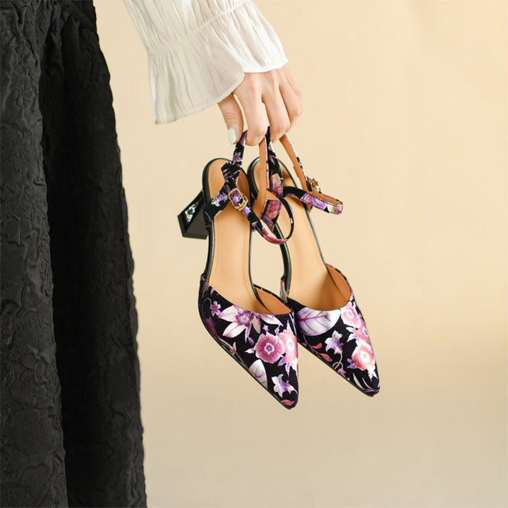 Floral Print Pointed Toe Slingback Pumps Ankle Strap Sandals in Black Red/Purple Red