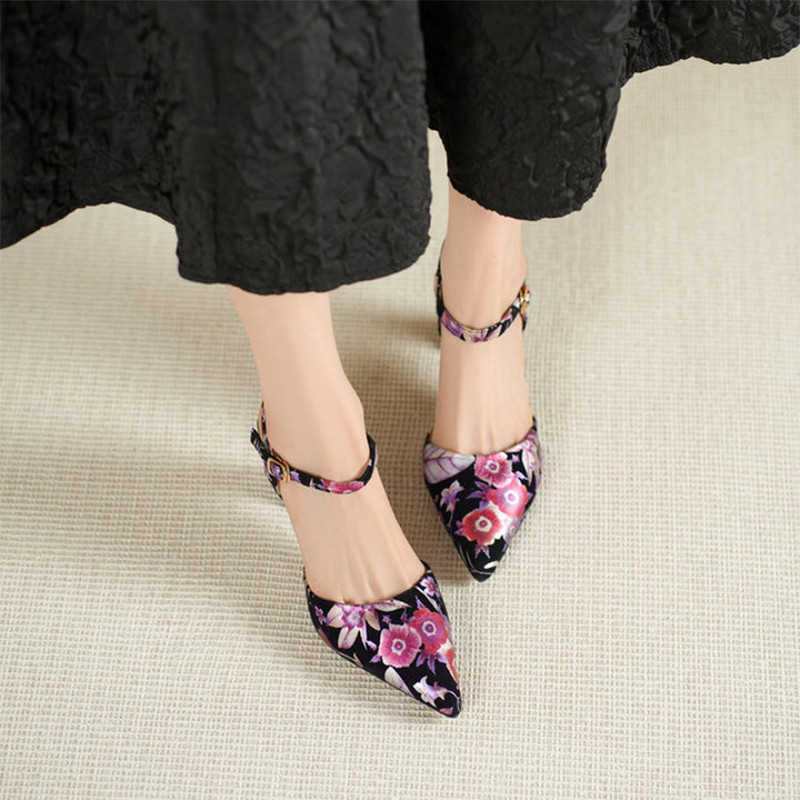 Floral Print Pointed Toe Slingback Pumps Ankle Strap Sandals in Black Red/Purple Red