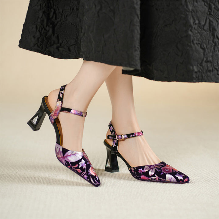 Floral Print Pointed Toe Slingback Pumps Ankle Strap Sandals in Black Red/Purple Red