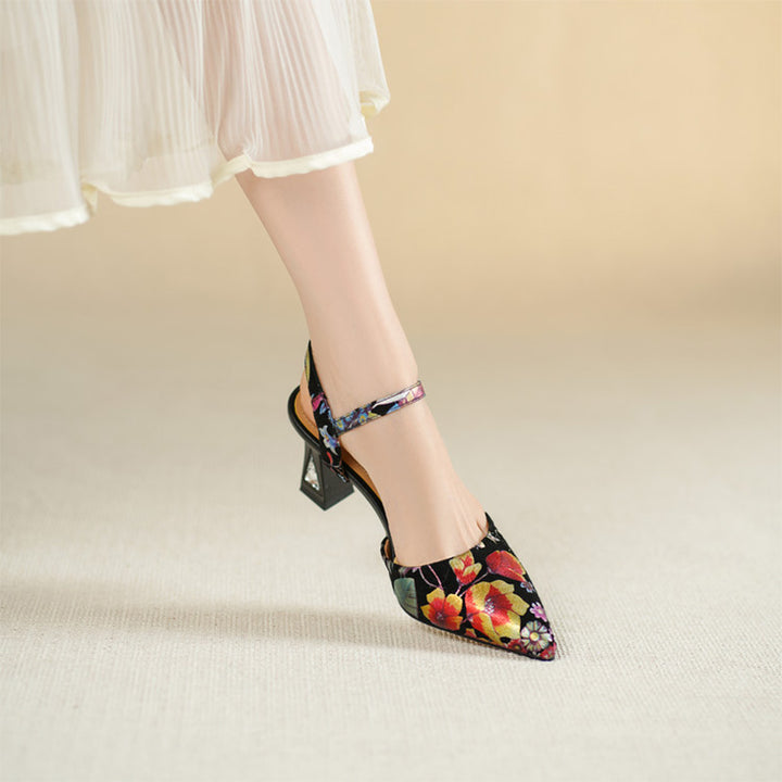 Floral Print Pointed Toe Slingback Pumps Ankle Strap Sandals in Black Red/Purple Red