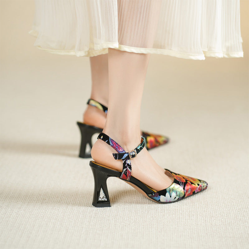 Floral Print Pointed Toe Slingback Pumps Ankle Strap Sandals in Black Red/Purple Red