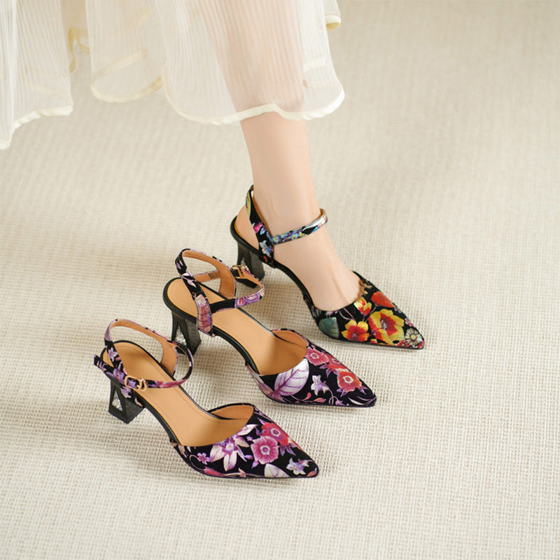 Floral Print Pointed Toe Slingback Pumps Ankle Strap Sandals in Black Red/Purple Red