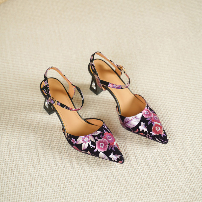Floral Print Pointed Toe Slingback Pumps Ankle Strap Sandals in Black Red/Purple Red