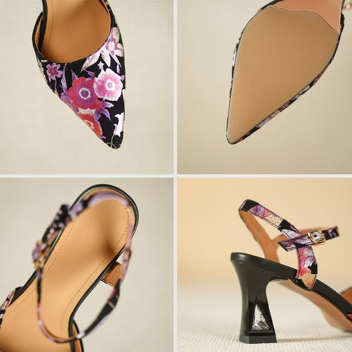 Floral Print Pointed Toe Slingback Pumps Ankle Strap Sandals in Black Red/Purple Red