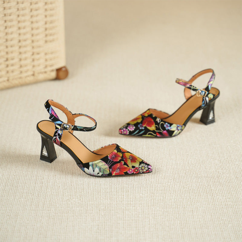 Floral Print Pointed Toe Slingback Pumps Ankle Strap Sandals in Black Red/Purple Red
