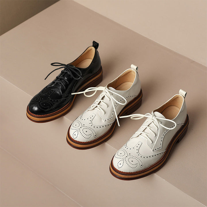 Vintage Full Brogue Leather Platform Oxford Shoes for Women in Black/Beige