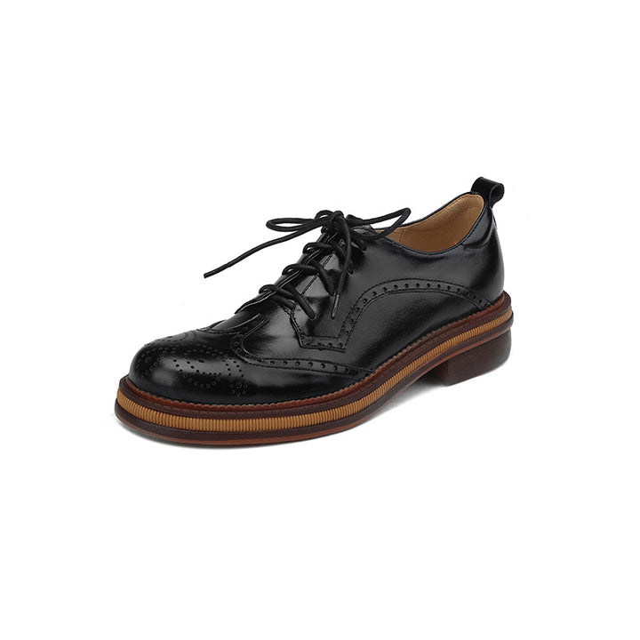 Vintage Full Brogue Leather Platform Oxford Shoes for Women in Black/Beige