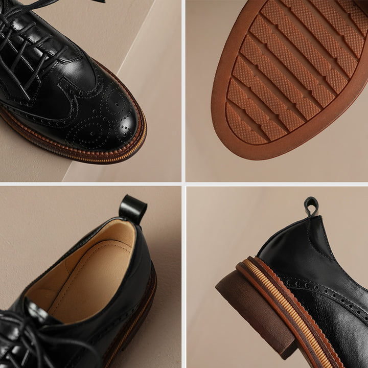 Vintage Full Brogue Leather Platform Oxford Shoes for Women in Black/Beige