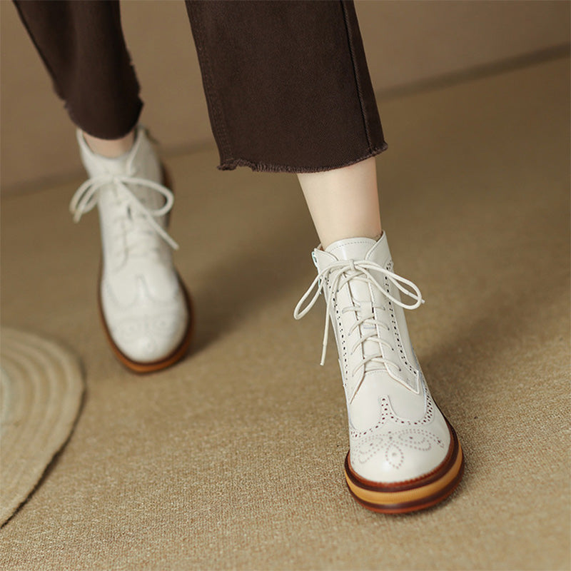 Vintage Leather Full Brogue Lace-Up Ankle Boots for Women in Black/Beige