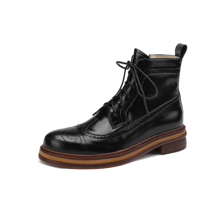 Vintage Leather Full Brogue Lace-Up Ankle Boots for Women in Black/Beige