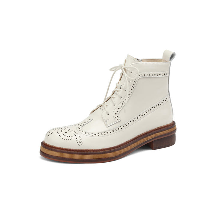 Vintage Leather Full Brogue Lace-Up Ankle Boots for Women in Black/Beige