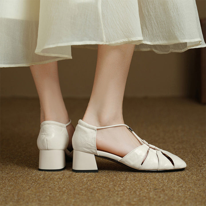 Closed Toe Cutout Sheepskin Leather Sandals for Women in Beige/Black/Brown
