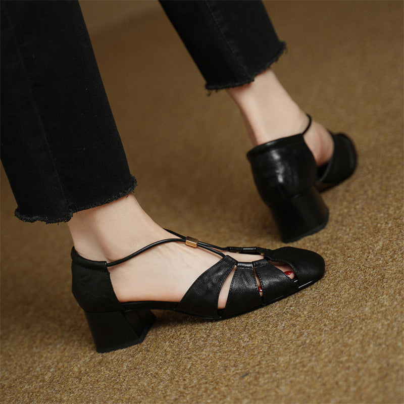 Closed Toe Cutout Sheepskin Leather Sandals for Women in Beige/Black/Brown
