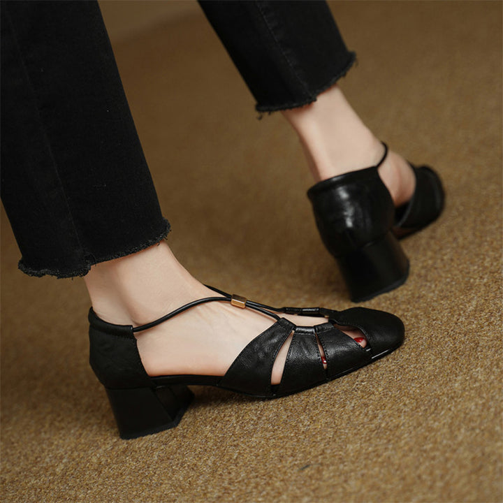 Closed Toe Cutout Sheepskin Leather Sandals for Women in Beige/Black/Brown