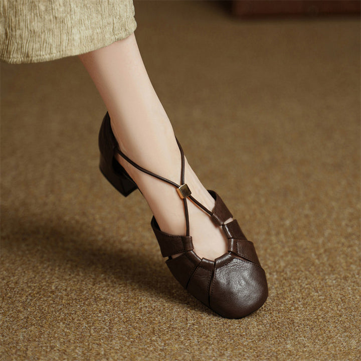 Closed Toe Cutout Sheepskin Leather Sandals for Women in Beige/Black/Brown