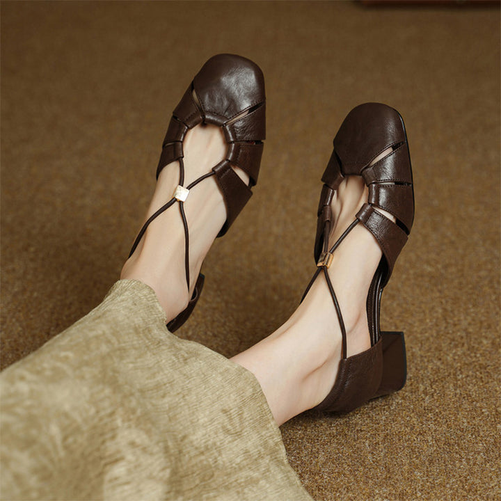 Closed Toe Cutout Sheepskin Leather Sandals for Women in Beige/Black/Brown
