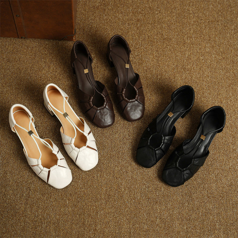 Closed Toe Cutout Sheepskin Leather Sandals for Women in Beige/Black/Brown