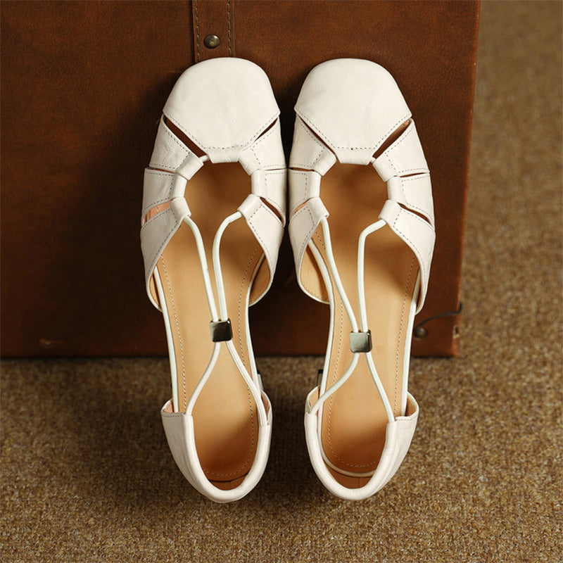 Closed Toe Cutout Sheepskin Leather Sandals for Women in Beige/Black/Brown