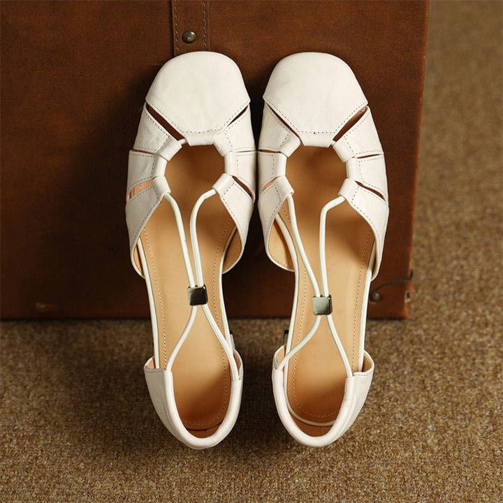 Closed Toe Cutout Sheepskin Leather Sandals for Women in Beige/Black/Brown