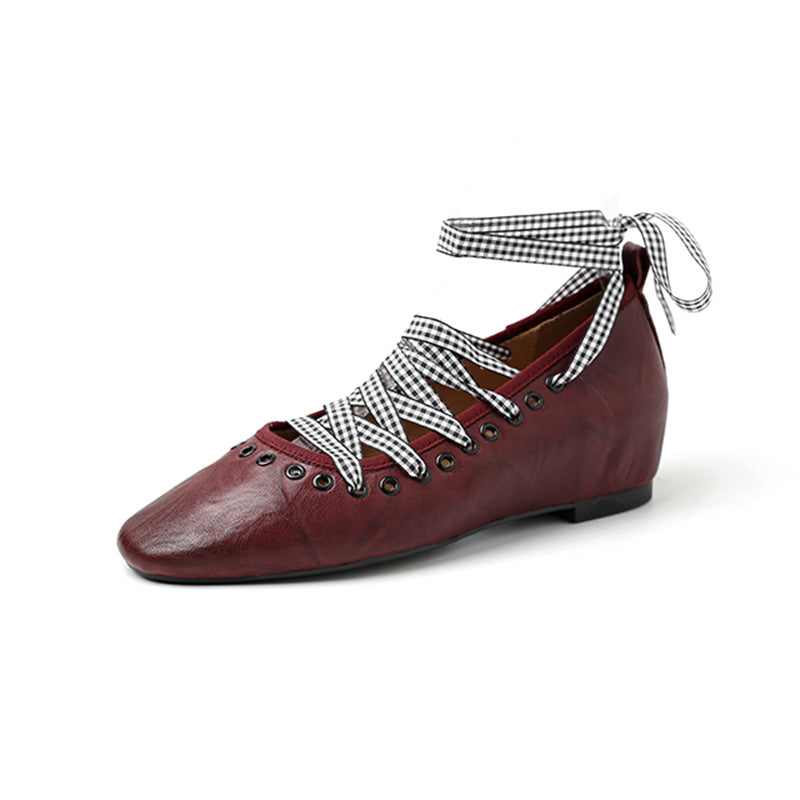 Vintage Sheepskin Ghillie Ballet Shoes Criss Cross Lace-Up Mary Jane Shoes for Women in Black/Red