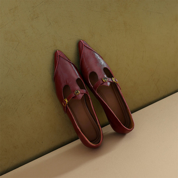 Vintage Leather T-Strap Pointed Toe Mary Jane Shoes in Black/Brown/Angola Red