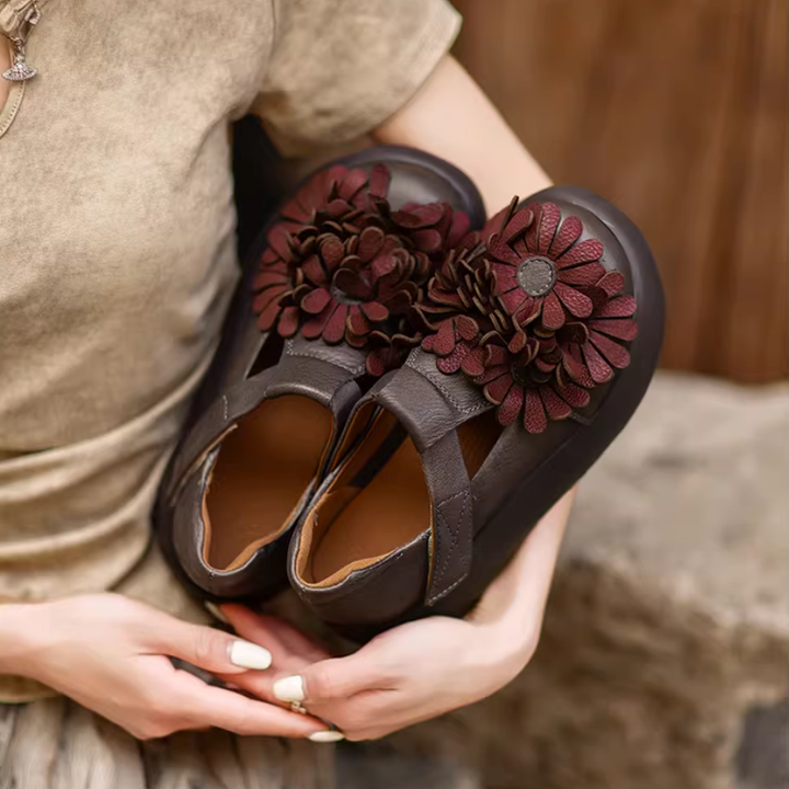 Chaussures à Plateforme Mary Jane Florales, Chaussures Décontractées en Cuir de Vache de Première Couche en 3 Couleurs