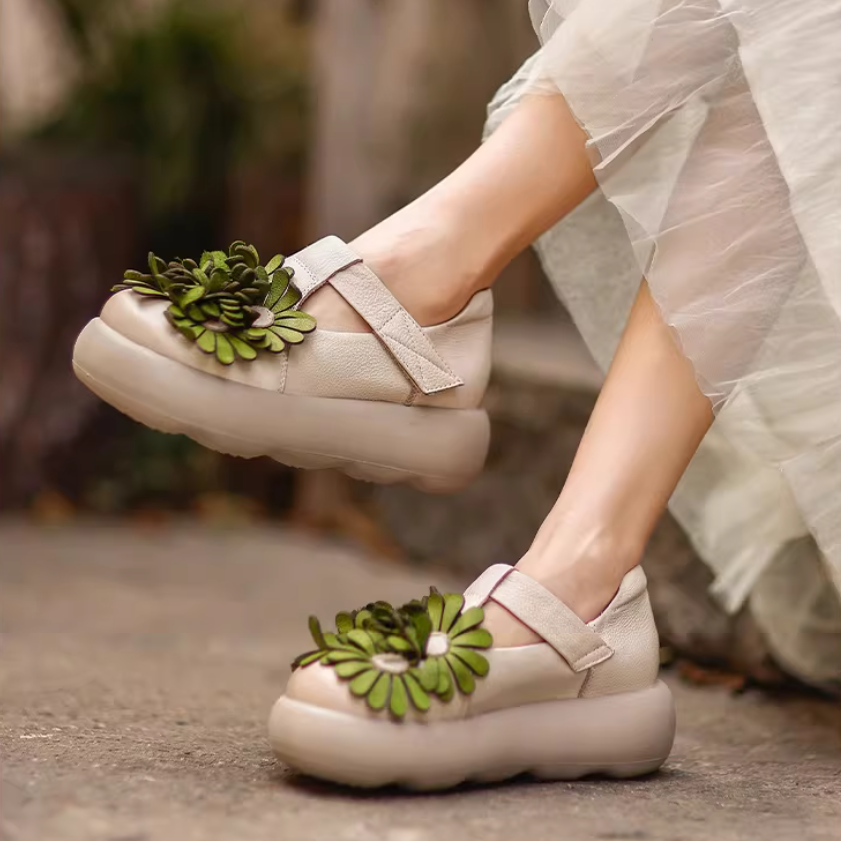 Chaussures à Plateforme Mary Jane Florales, Chaussures Décontractées en Cuir de Vache de Première Couche en 3 Couleurs