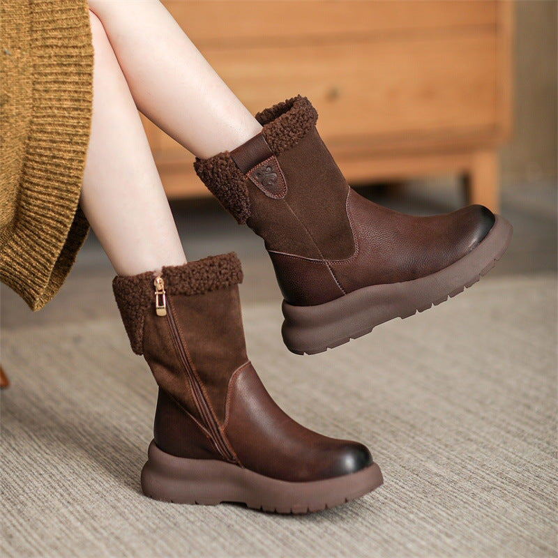 Womens Leather Mid Calf Boots Short Plush Lined for Cold Winter Snow B