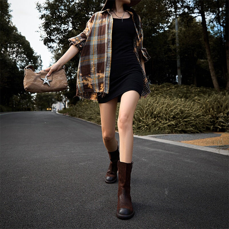 Classic Women's Cow Leather Pull On Low Heel Mid Calf Boots in