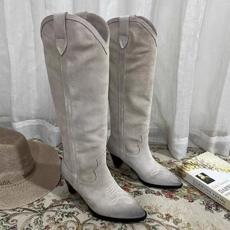 Womens Western Suede Knee High Boots Block Heel - Gray/Brown/Black Cow ...