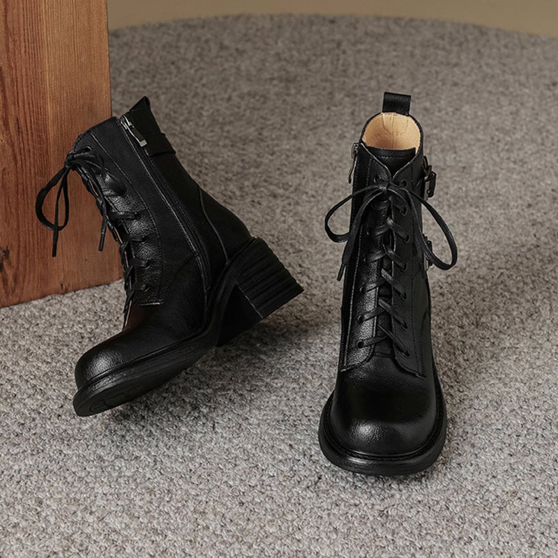 Full Grain Leather Combat Boots Lace Up Block Heel Martin Boots with D â Dwarves Shoes