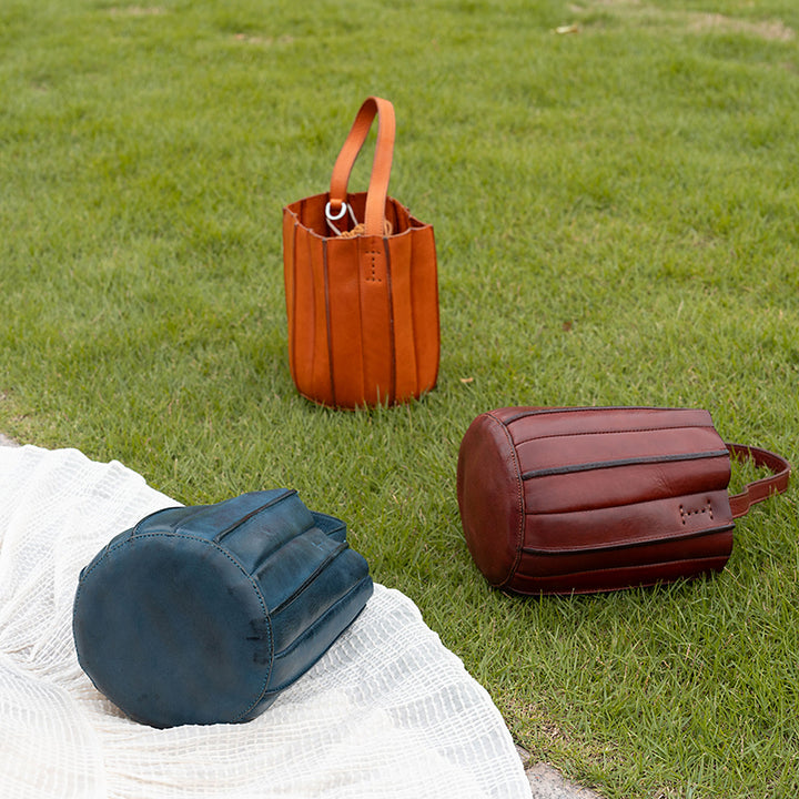 Sac seau à Panneaux Verticaux en Cuir Végétal Tanné, Sac à Bandoulière et à Main en 7 Couleurs