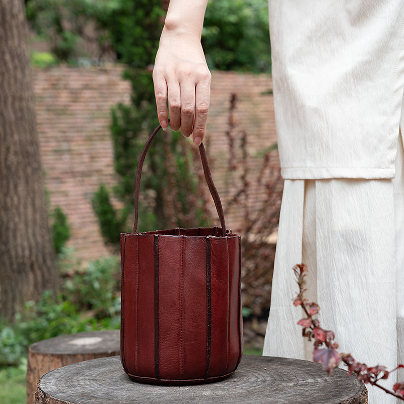 Sac seau à Panneaux Verticaux en Cuir Végétal Tanné, Sac à Bandoulière et à Main en 7 Couleurs